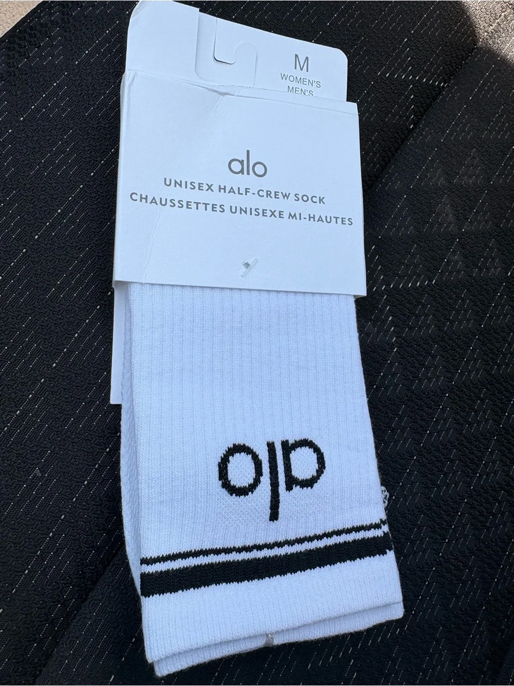 ALO Yoga White Half-Crew Athletic Socks with Black Stripes